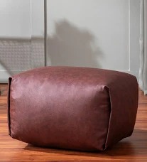 Leather Ottoman Pouffe For Living Room 14 Inches Dark Brown Rectangular Floor Seating Pouf
