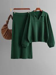 Miss Mosa By Akanksha Green Aster Premium Woolen Coord Set Sweater With Skirt For Women Size L