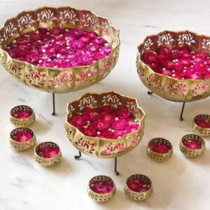 Golden Big Lotus Urli With Ball Lights Set Of 3 For Home Decoration