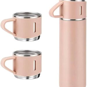Doublewall Stainless Steel Vacuum Flask With Silicone Lid Set With 2 Stainless Steel Cups For Hot And Cold Pink
