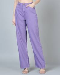 Shein Full Length High Rise Straight Fit Jeans With Pockets For Girls Colour Purple Size 34