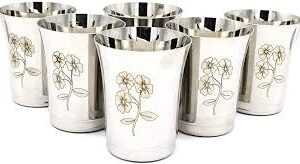 Stainless Steel Flower Printed Design Glass Set Of 9
