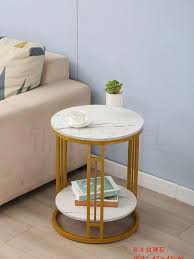 Round Coffee Table Modern Nestings Table Veneer Top Metal Frame Golden White