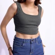 Dressberry Women Square Neck Ribbed Cotton Tank Crop Top Grey Size Xs