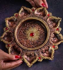 Leafy Terracotta 9 Diya Plate Gold Colour