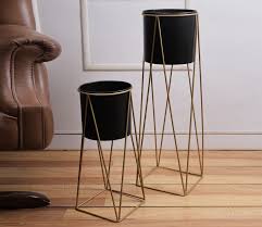 Black Planters With Golden Stand Set Of 2