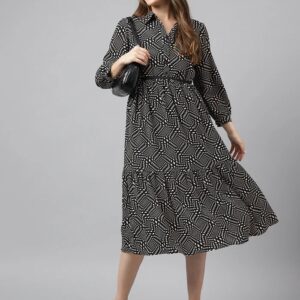 Latin Quarters Beige Black Shirt Collar 34 Sleeves Printed Aline Dress For Casual Wear Size Xxl