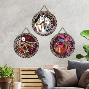 Private Lable Artvibes Madhubani Art Wooden Wall Hanging Pack of 3