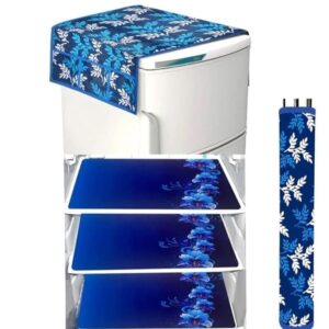 Private Lable Fridge Cover Set 3 Refrigerator Mats Fridge Top Cover and Elegant Polyester Pack of 5 Blue Colour
