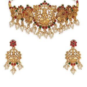Private Lable Jewellery Red Green Stones Ethnic Temple Jewellery Laxmi Peacock Design Choker Necklace Set with Jhumka