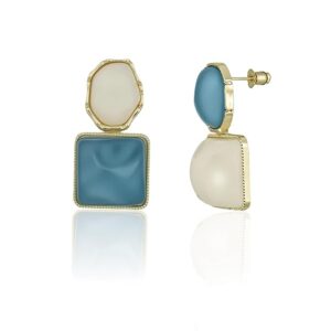 Private Lable Stylish Geometric Blue White Drop Earrings for Women Modern Matte Resin Stones with GoldTone
