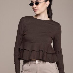 Roadster The Life Co Ruffles Detail ALine Top for womens brown colour size L