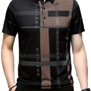 Rizim Mens Irregular Geometric Pattern and Alphabet Print Sports Collar Tshirt Rizim Mens Print PoloNewBlack size XXL