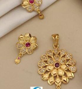 Private Lable Premium Micro Gold Plated American Diamond Studded Pendant cahin with Matching Earrings