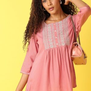 Atari Womens Half Sleeves Embroidery Pink Top Size XL