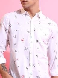 KETCH Men Slim Fit Printed Cut Away Collar Casual Shirt colour white size s