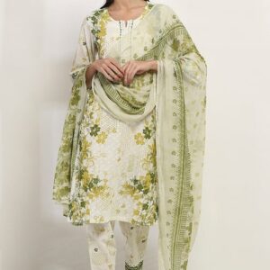 Rangriti Lime Green Cotton Printed Straight Suit Set for womens size 38