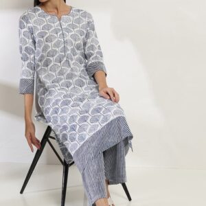 Rangriti Blue Printed Straight Kurta Set for womens size 38