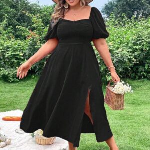 CURVE BY KOTTY Women Plus Size Puff Sleeve Fit Flare Midi Dress With Slits Black COlour Size XXL