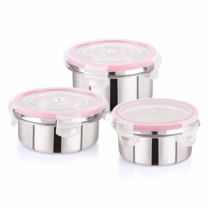 Privat Lable Leak Proof Click and Seal Lock Stainless Steel Storage Pack Of 3 Pink Colour