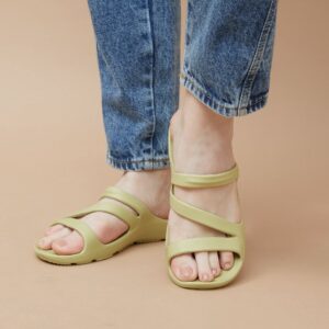 GINGER Women Strappy Textured Sliders Green Colour