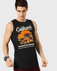 Fastcolors Printed cotton vest for men black colour sizeM 1pcs
