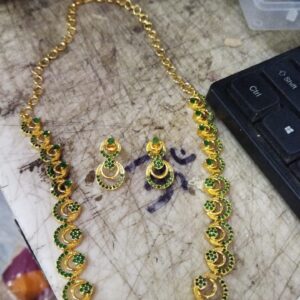 Private Lable Gold Plated Necklace Set With American Diamond colour green
