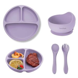 Tony Stark Solid Feeding Set Silicone Tableware Kit for Baby Bowl Fork Spoon Suction Plates Lavender