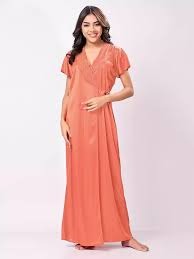 Night Keys Women Orange Soild Satin Night Dress With Robe free size