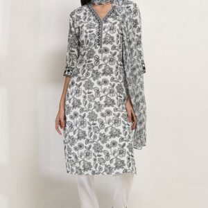 Rangriti White and Black Printed Straight Suit Set for womens size 42