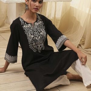 Biba Black Pure Cotton Embroidered Straight Kurta for womens size 32