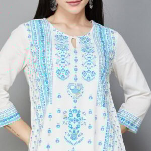 BIBA Ethnic Print Straight Kurta Set for womens size 46 white and blue colour
