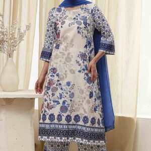 Biba OffWhite and Blue Cotton Straight Suit Set for womens size 42