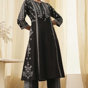 Biba Black Pure Cotton Printed Aline Kurta Set for womens size 36