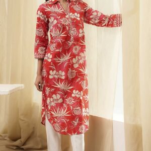 Biba Red Pure Cotton Floral Straight Kurta for womens size 36