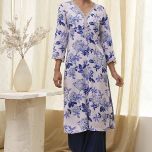 Biba Blue and White Floral Printed Straight Kurta for womens size 32