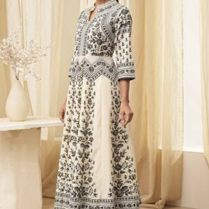 Biba White and Black Cotton Printed Anarkali Kurta Set for womens size 42