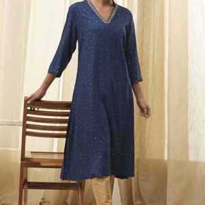 Biba Blue Foil Printed Straight Kurta for womens size 46