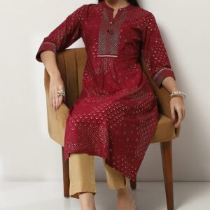 Rangriti cherry Red Viscose Printed Straight Kurta for women size 42