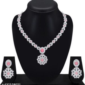 Private LablePink Color Silver AD Jewellery Necklace Set