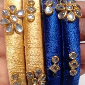 Private Lable Silk thread bangles 2 pair blue and gold colour