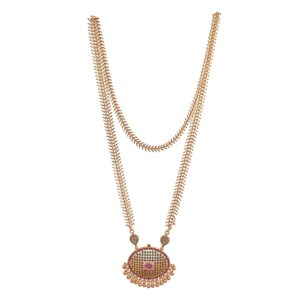 Privat Lable Radha s Creations Flat chain Necklace with Oval Ruby Emerald pendant LONG 30 inches Gold Colour For Women