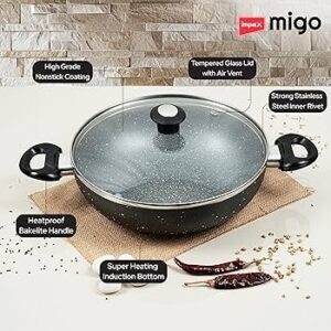 Impex Nonstick Aluminium Kadai Pan with Glass Lid Non Stick Cookware with Induction Base and Heatproof Handles grey 24 CM