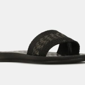 Bata black textured fabric open toe flat mules for women 3