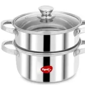 Pigeon By Stovekraft Steel X Steamer Stainless Steel Induction Base Modak Maker Momo Maker Dual Compartment With Glass Lid 4.6L Capacity Silver