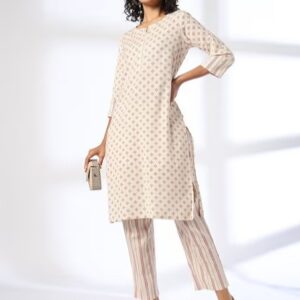 Women Floral Print Straight Kurta Pants off white XL