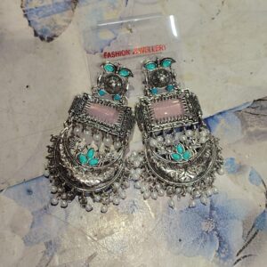 Oxidized Silver Chandbalis with Stones and Pearls Earrings