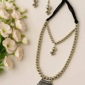 Oxidised Silver Beaded Necklace with Earrings