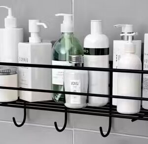 Private Label Steel Self Adhesive Multipurpose Bathroom Shelf with Hooks Black