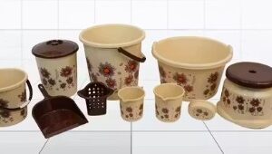Private Label Premium 10 Pcs Jumbo Bathroom Set Floral Design Beige Brown Durable Plastic Bath Combo